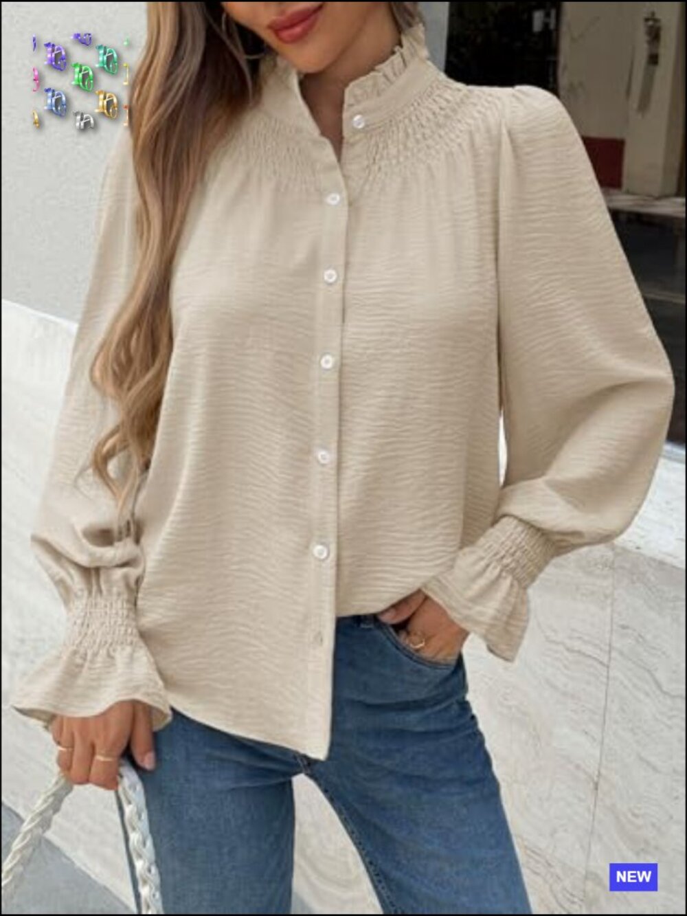 Puff Long Sleeve Button Down Shirt Ruffle Mock Neck Blouse Dressy Casual Loose - Picture 2 of 7